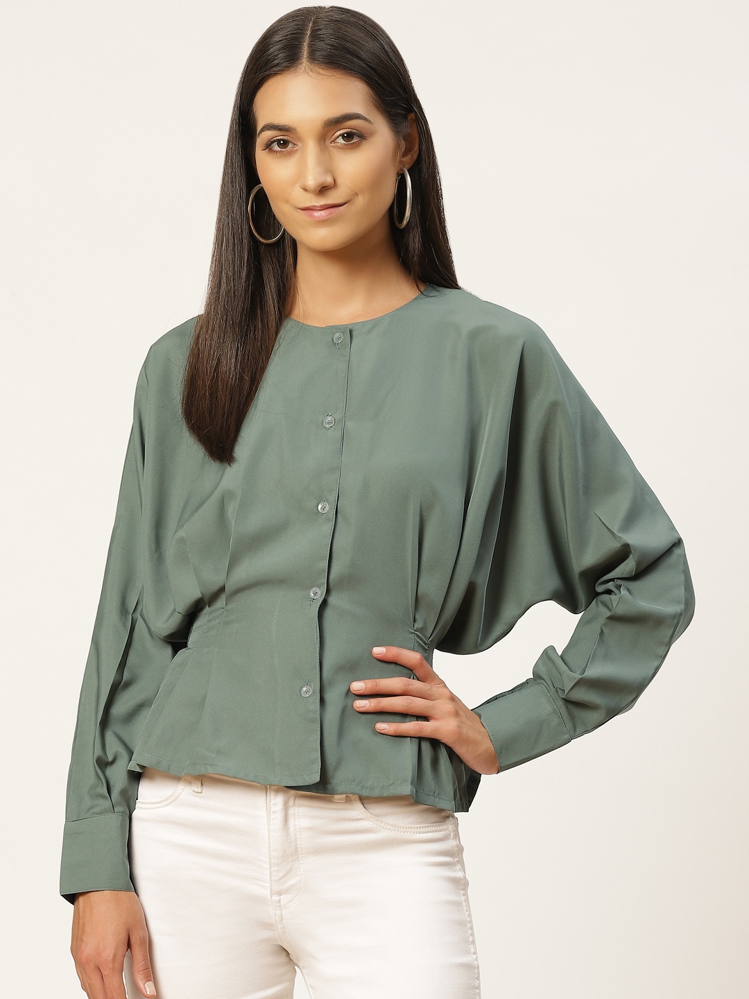 

Alsace Lorraine Paris Women Olive Green Solid Cuffed Sleeves Cinched Waist Top
