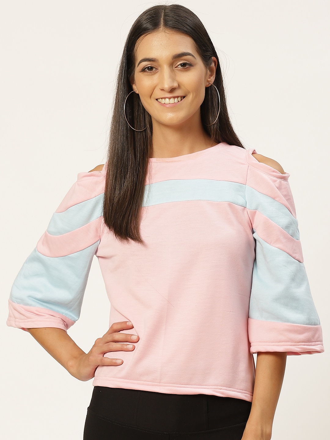 

Alsace Lorraine Paris Pink & Blue Colourblocked Cold-Shoulder Sleeves Top