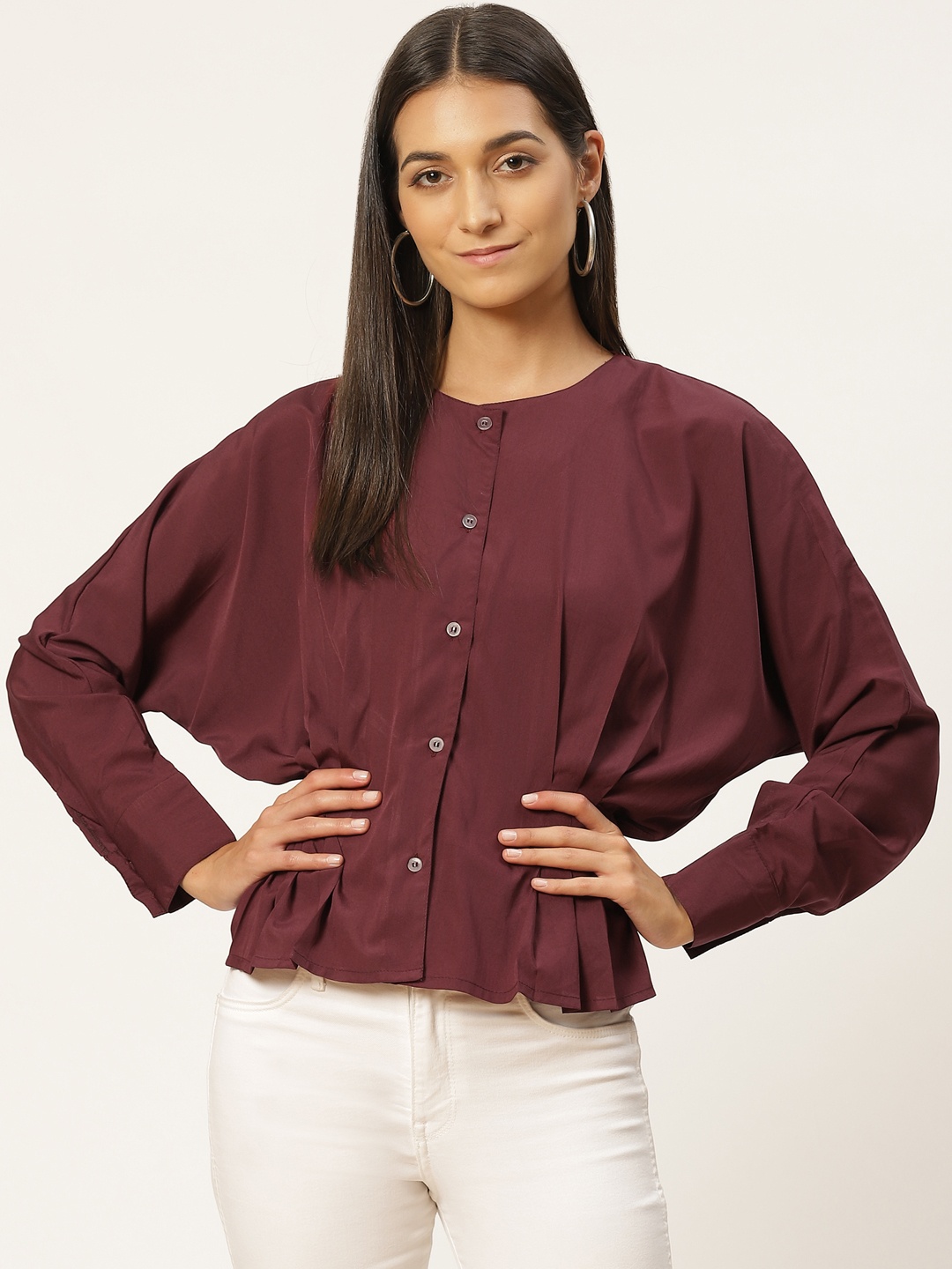 

Alsace Lorraine Paris Women Maroon Solid Cuffed Sleeves Cinched Waist Top