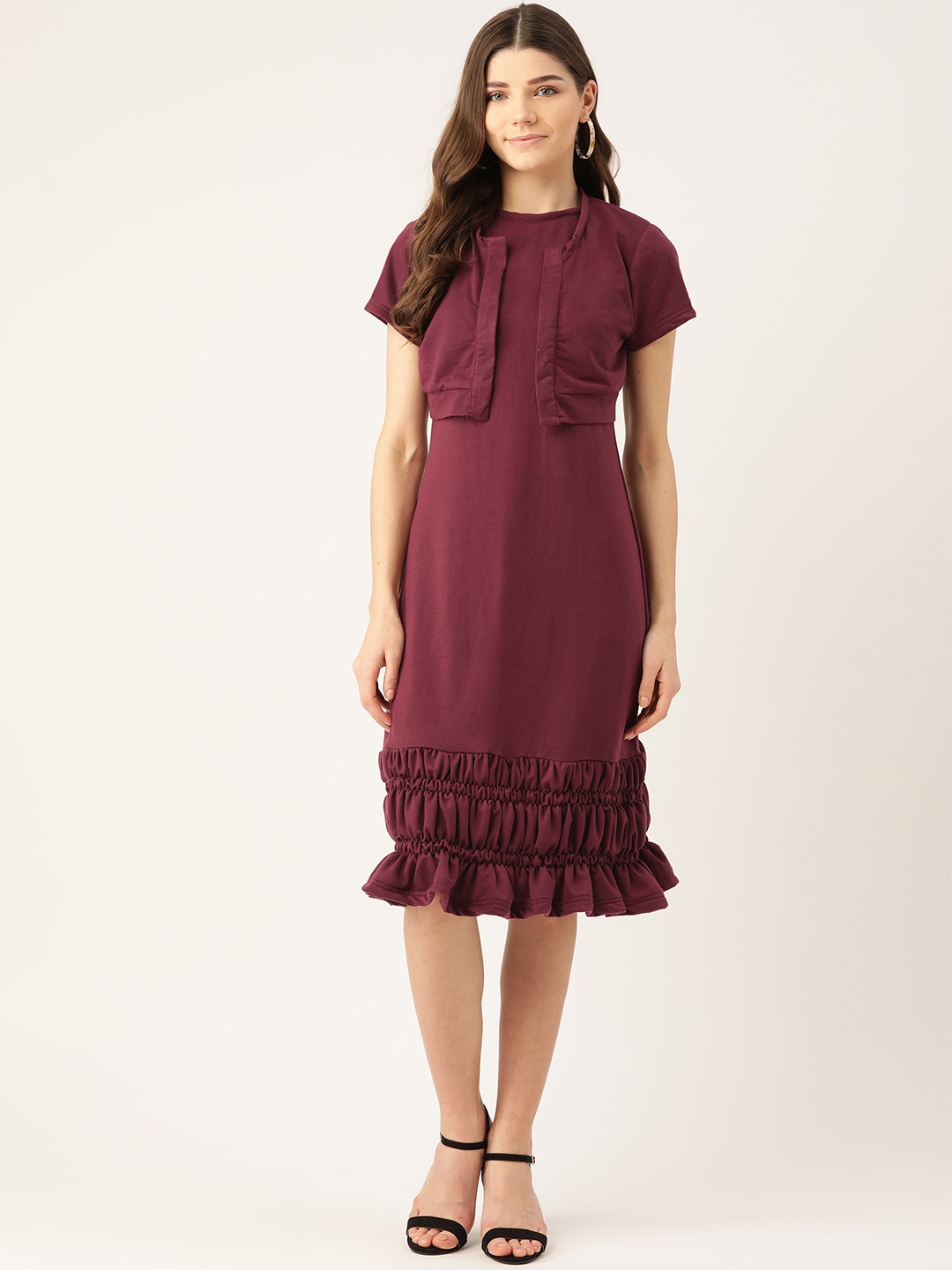 

Alsace Lorraine Paris Women Burgundy Solid A-Line Dress With Jacket