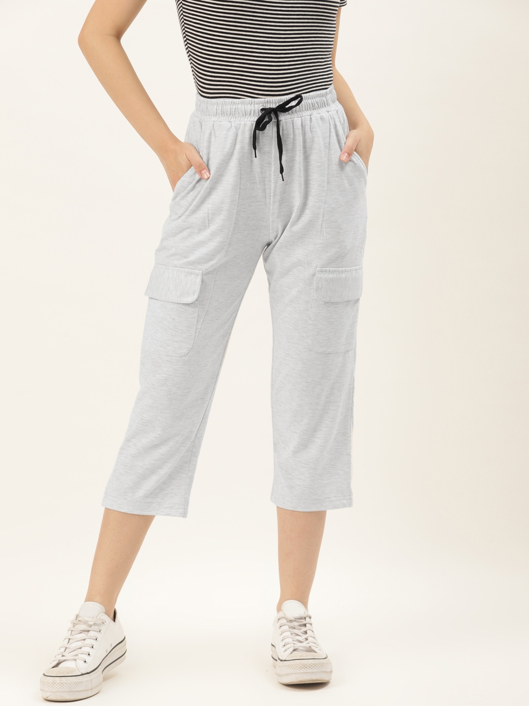 

Alsace Lorraine Paris Women Grey Melange Solid Cargo Styled Cropped Track Pants