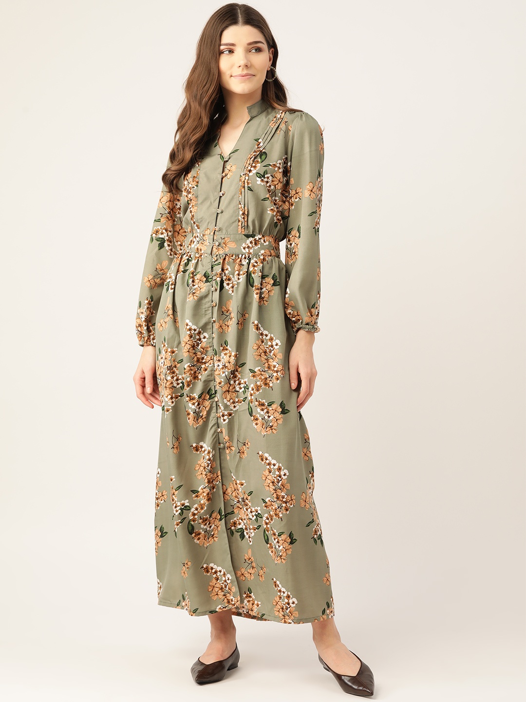 

Alsace Lorraine Paris Women Green & Beige Floral Printed Maxi Dress