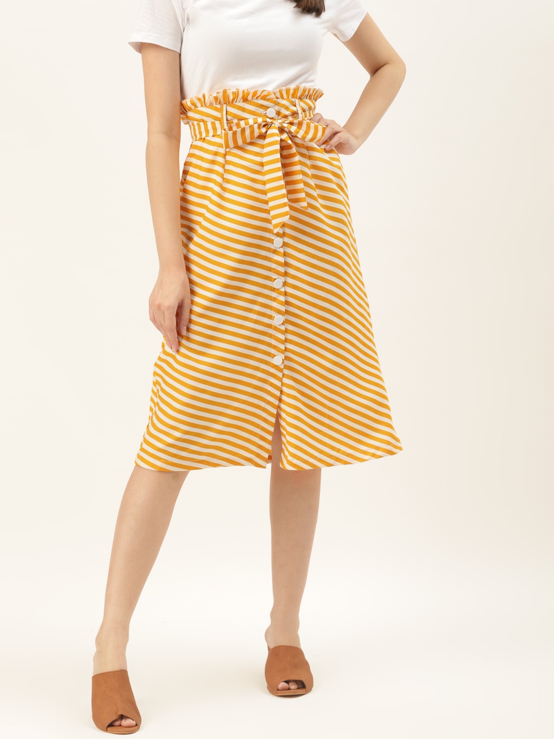 

Alsace Lorraine Paris Women Mustard Yellow & Off-White Striped A-Line Skirt