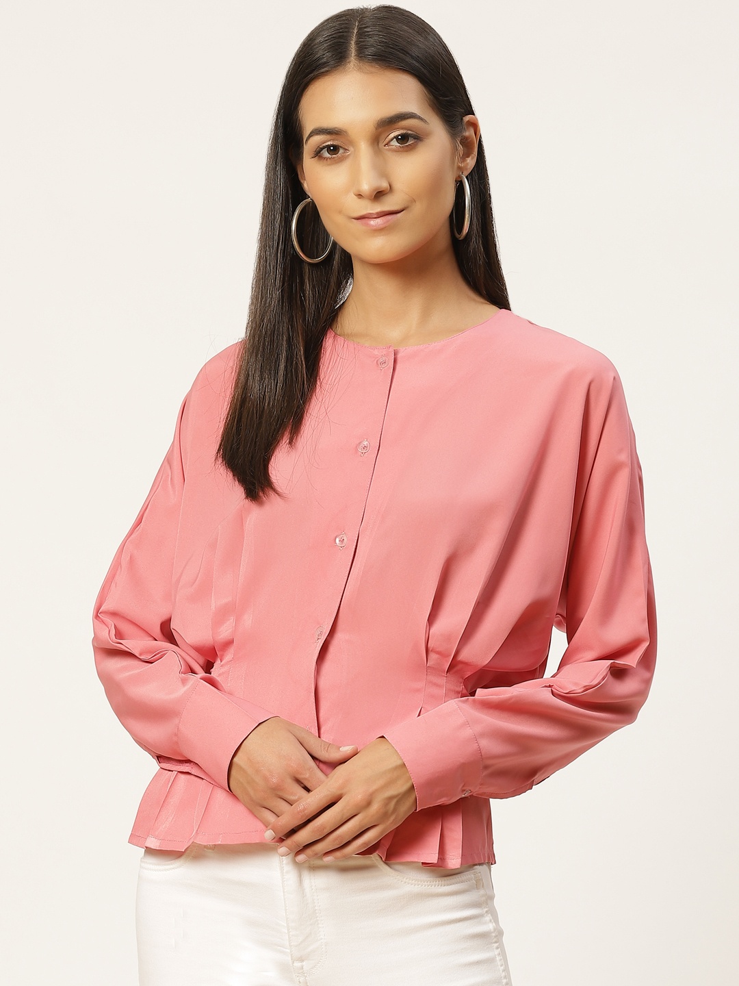 

Alsace Lorraine Paris Women Pink Solid Cuffed Sleeves Cinched Waist Top
