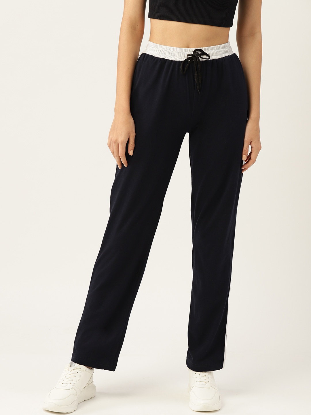 

Alsace Lorraine Paris Women Navy Blue Solid Cotton Track Pants with Side Taping Details