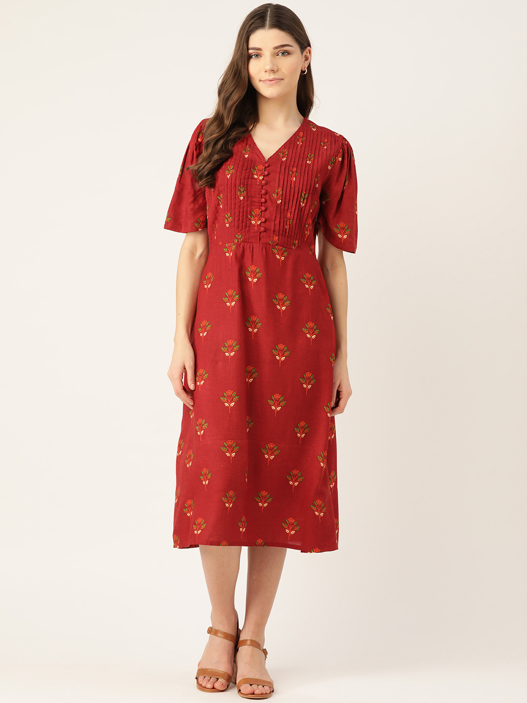 

Alsace Lorraine Paris Women Red & Beige Printed Cotton A-Line Dress