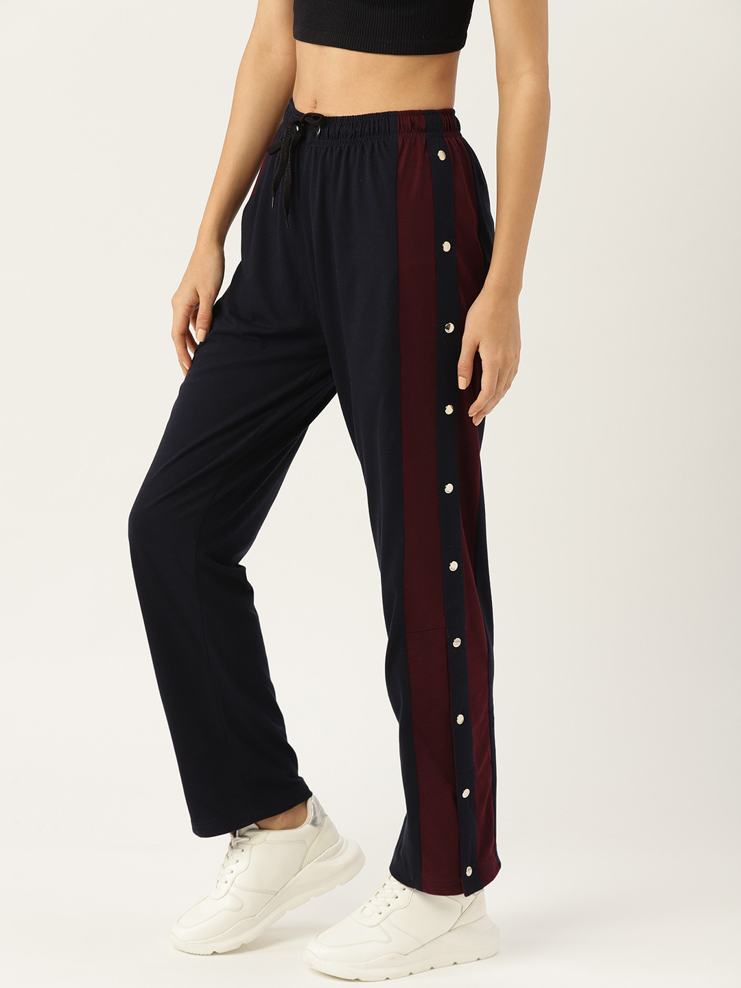 

Alsace Lorraine Paris Women Navy Blue Solid Cotton Track Pants with Side Taping Details