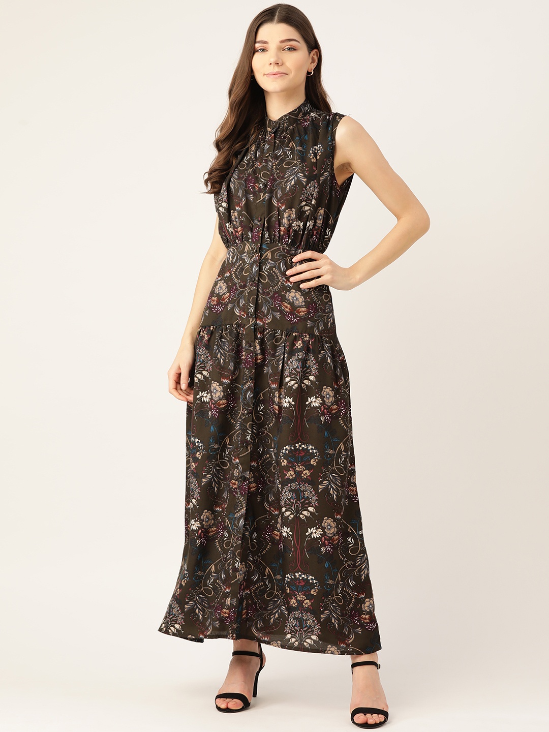 

Alsace Lorraine Paris Women Green & Beige Floral Print Maxi Dress