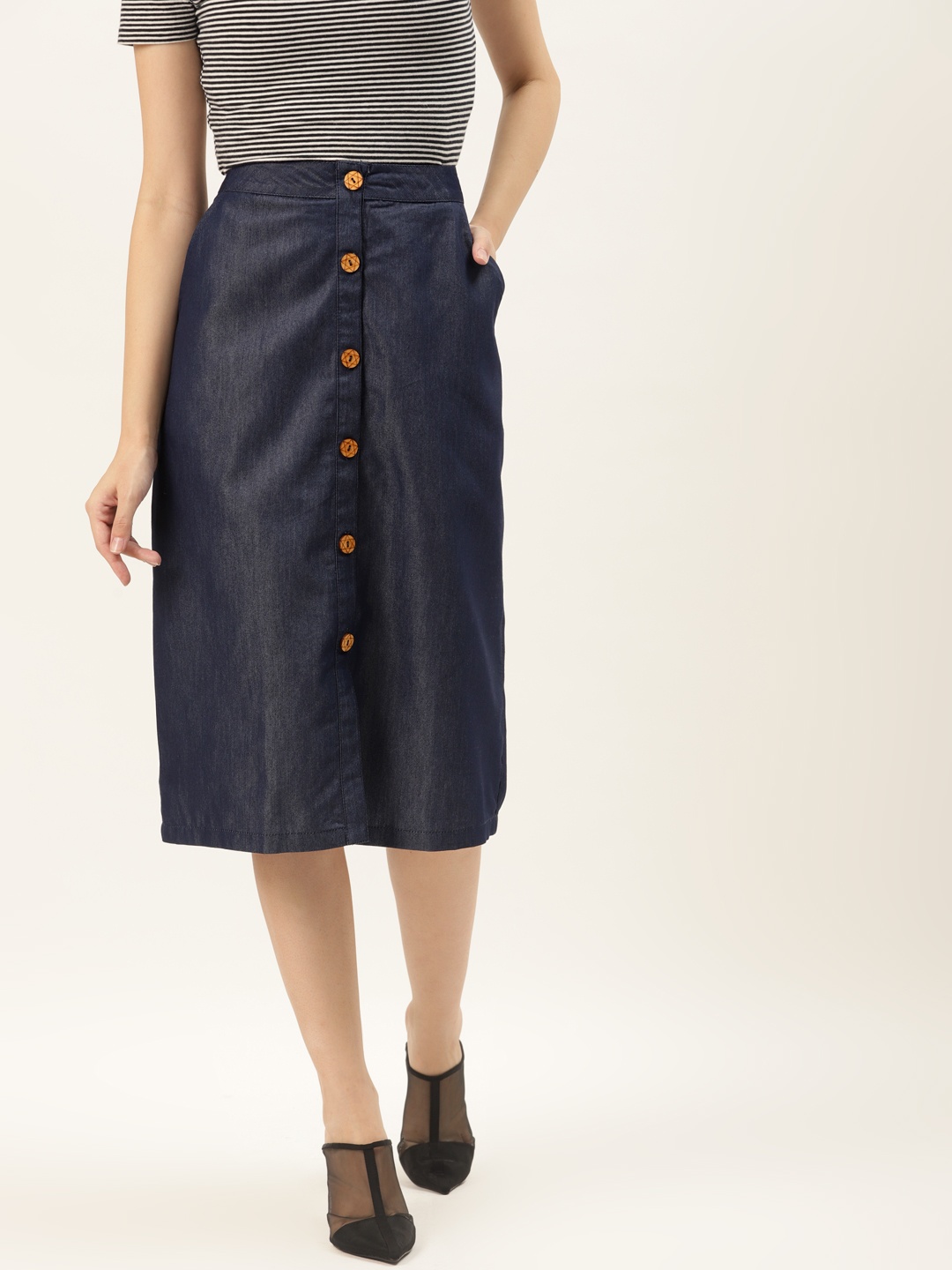 

Alsace Lorraine Paris Women Navy Blue Solid Pure Cotton Straight Skirt