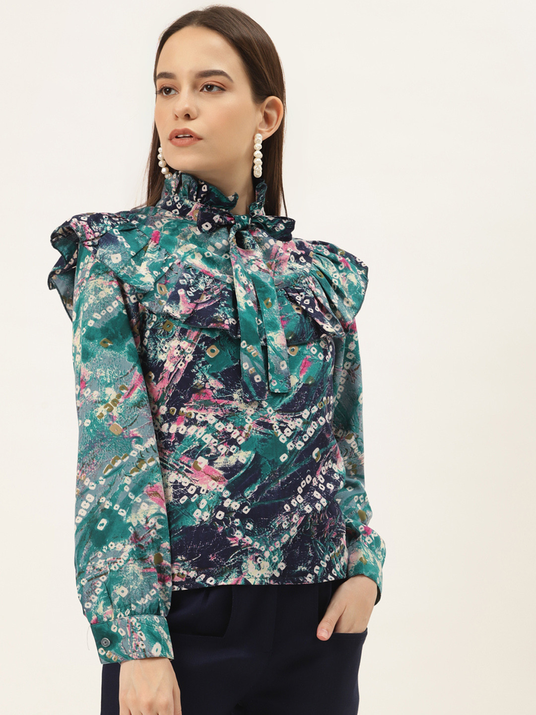 

Alsace Lorraine Paris Blue & Green Printed Tie-Up Neck Crepe Top
