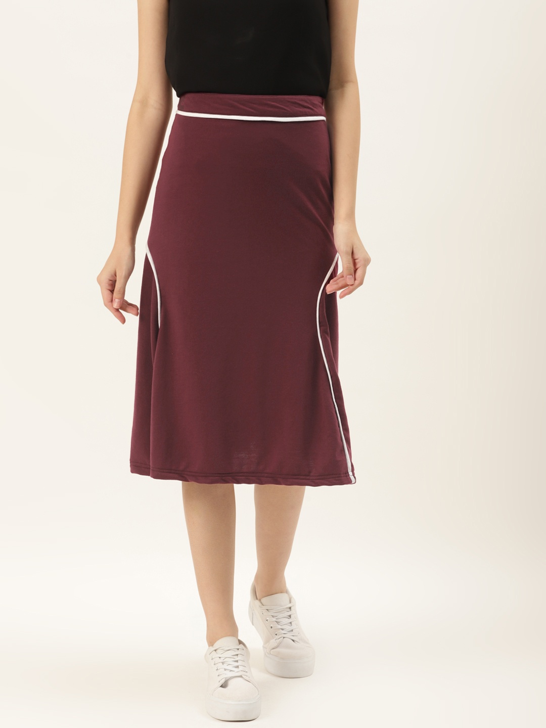 

Alsace Lorraine Paris Women Burgundy Solid A-Line Skirt With Piping Detail