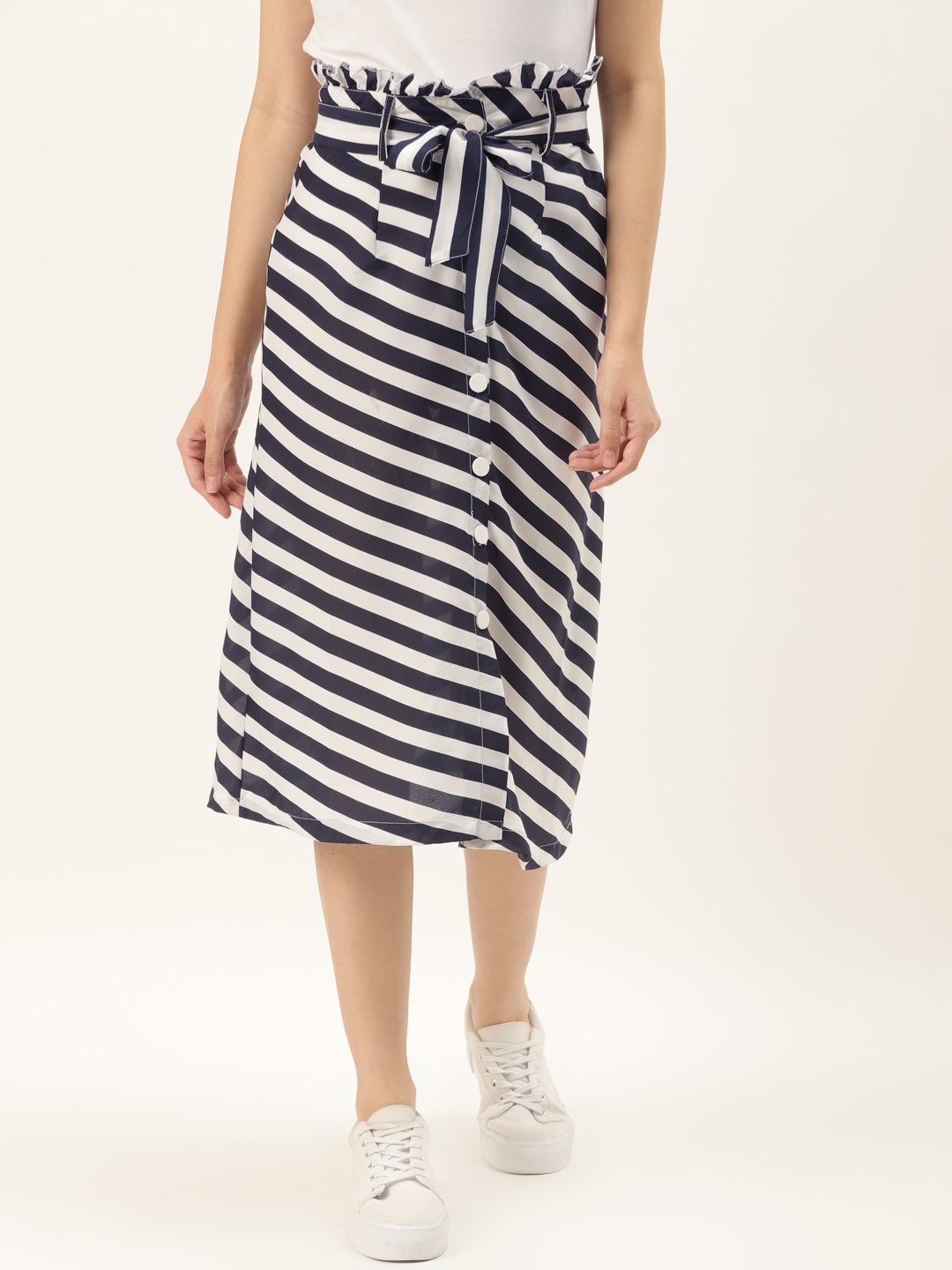 

Alsace Lorraine Paris Women Navy Blue & White Striped A-Line Skirt With Waist Tie-Ups