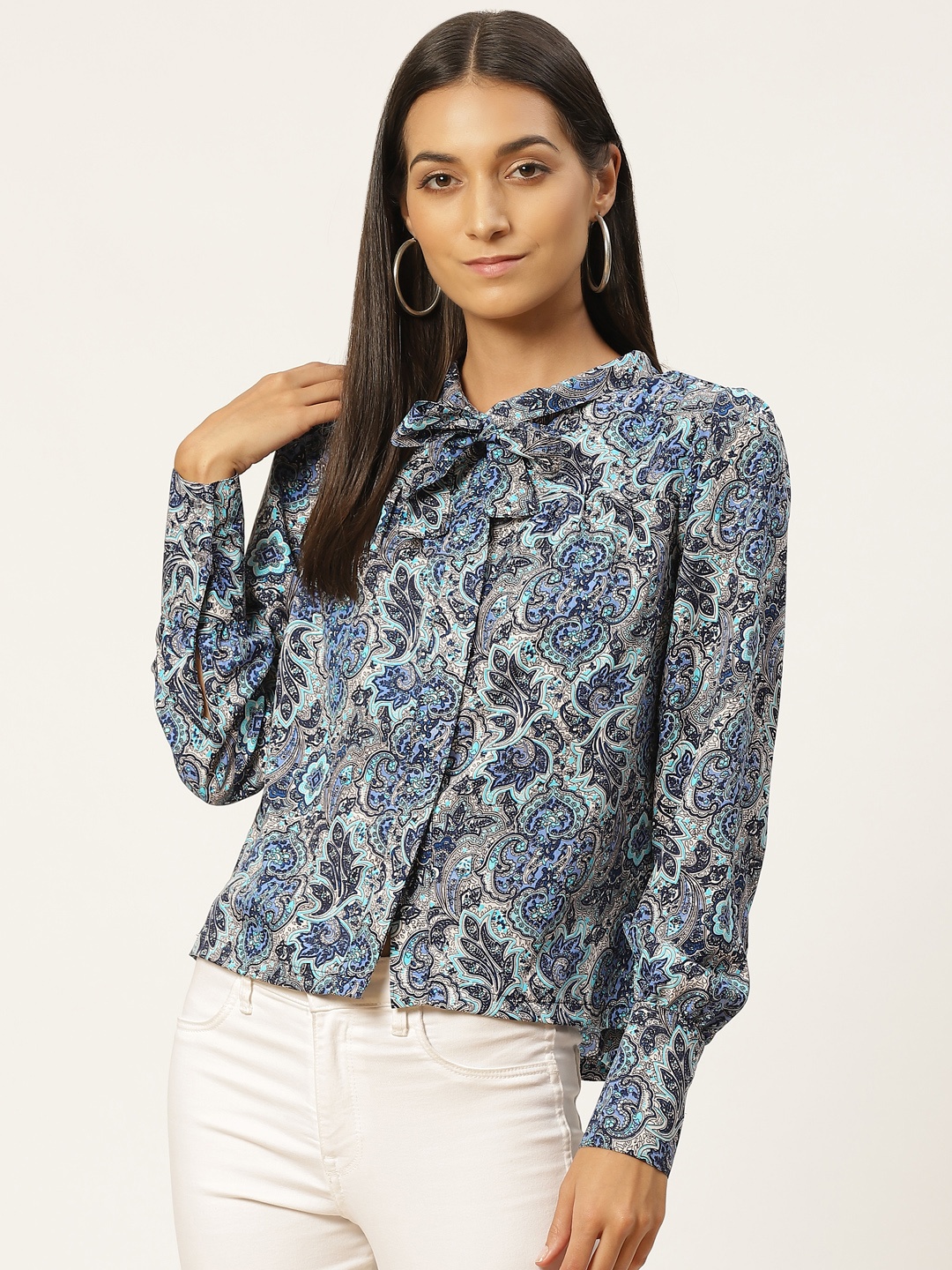 

Alsace Lorraine Paris Women Blue & Off-White Ethnic Printed Tie-Up Neck Top