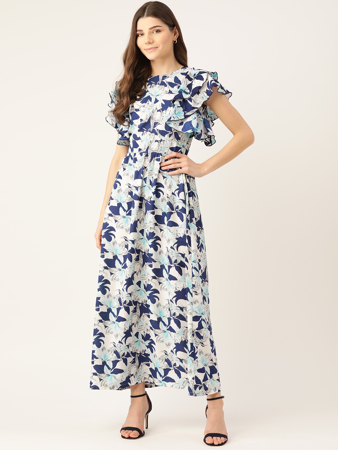 

Alsace Lorraine Paris Women White & Blue Floral Print Maxi Dress