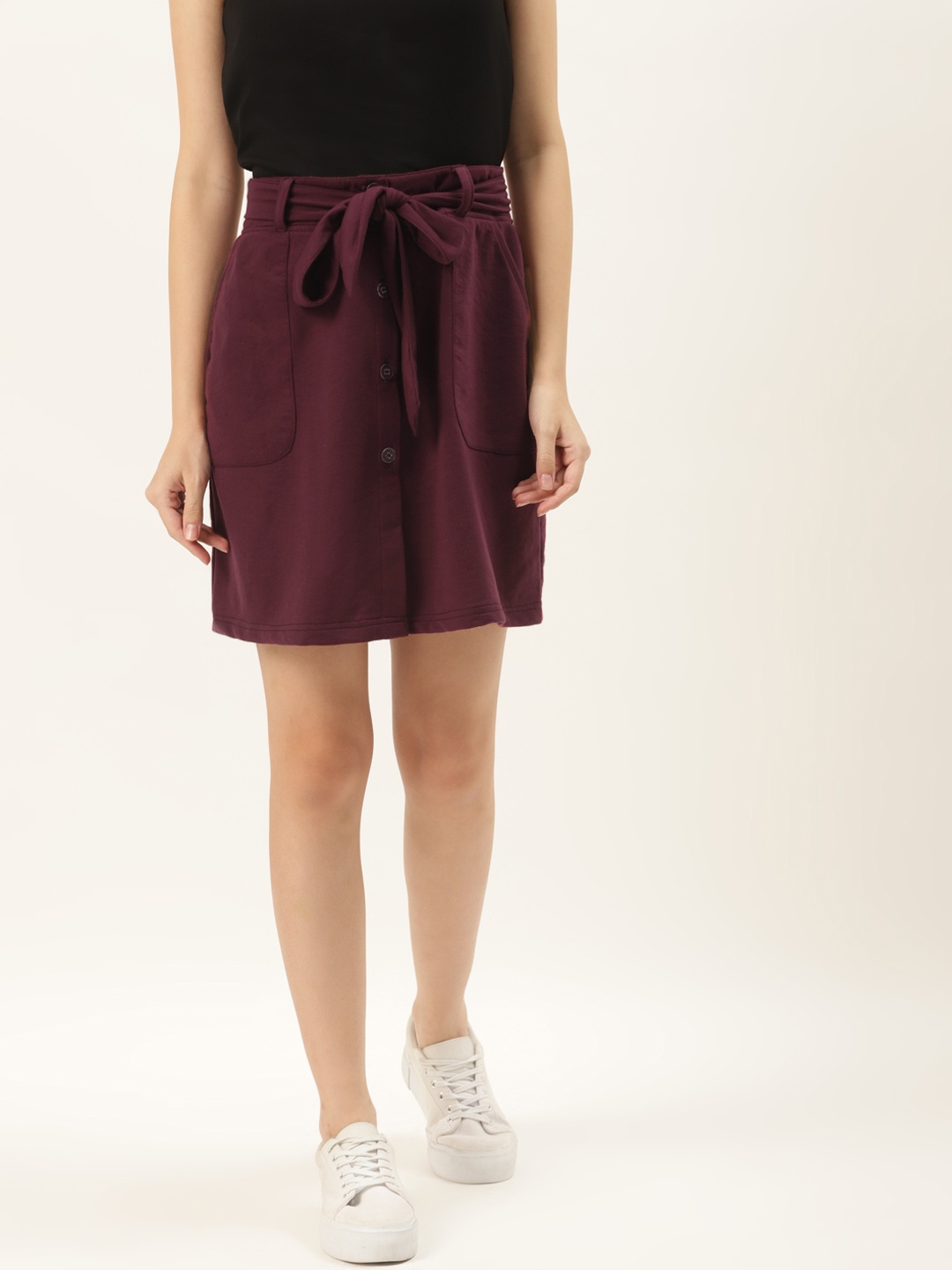 

Alsace Lorraine Paris Women Burgundy Solid Straight Skirt With Tie-Ups