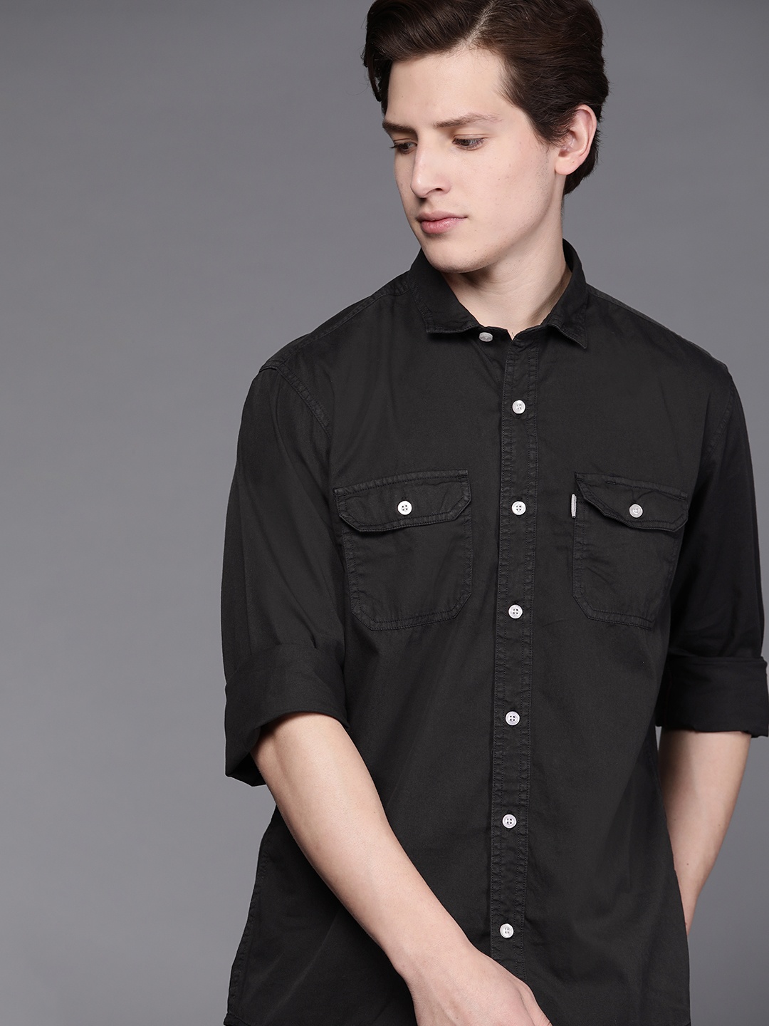 

Louis Philippe Jeans Men Black Solid Slim Fit Casual Shirt