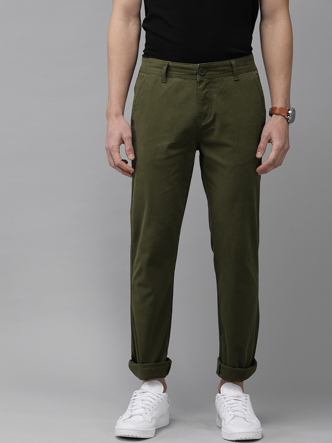 

Pepe Jeans Men Olive Green Slim Fit Solid Chinos