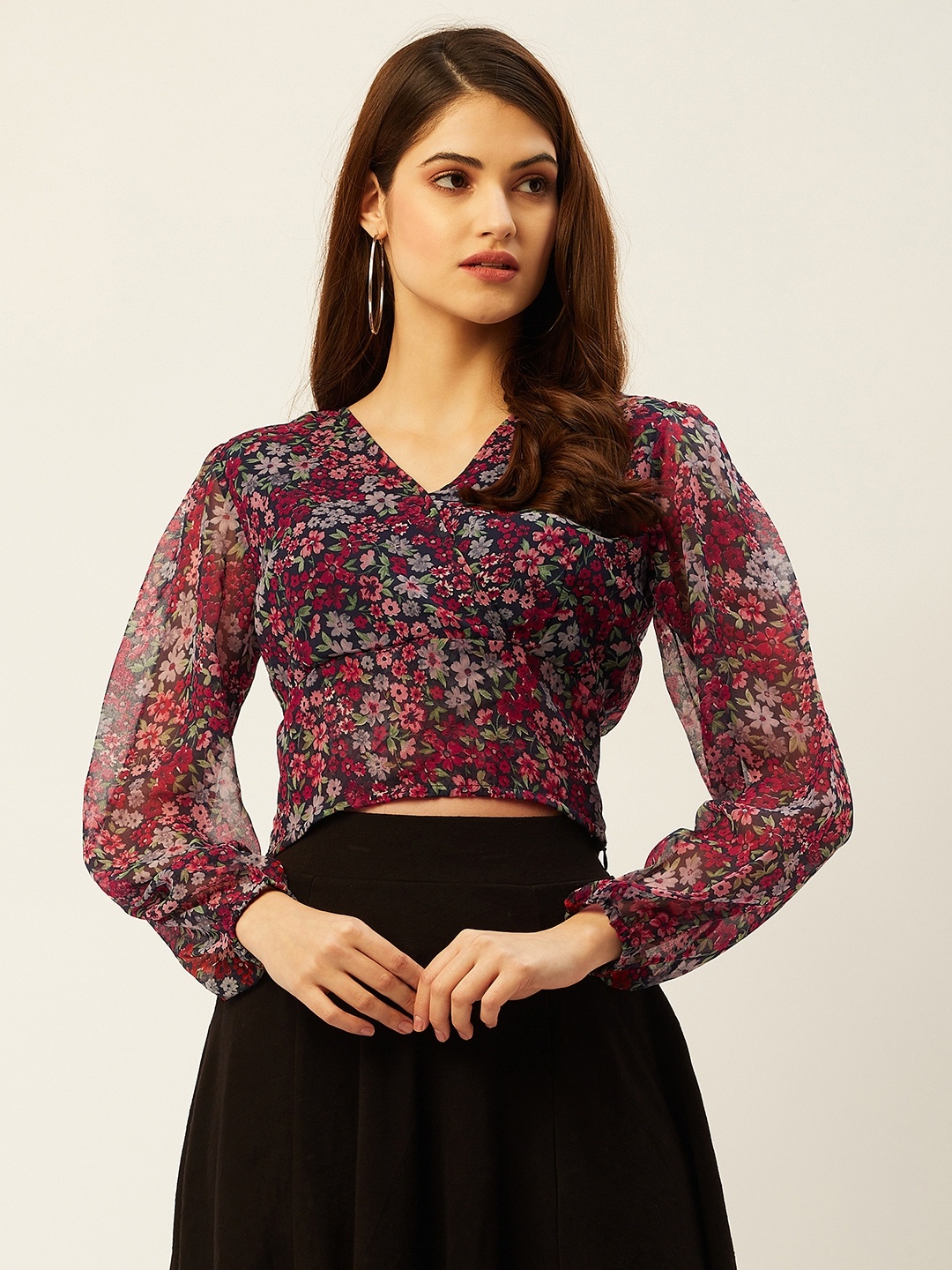 

ANVI Be Yourself Navy Blue Floral Printed Puff Sleeves Georgette Wrap Crop Top