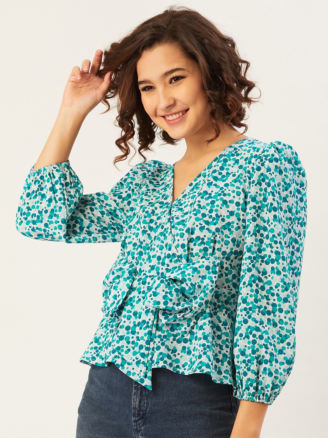 

ANVI Be Yourself Women Turquoise Blue Printed Puff Sleeves Chiffon Wrap Top
