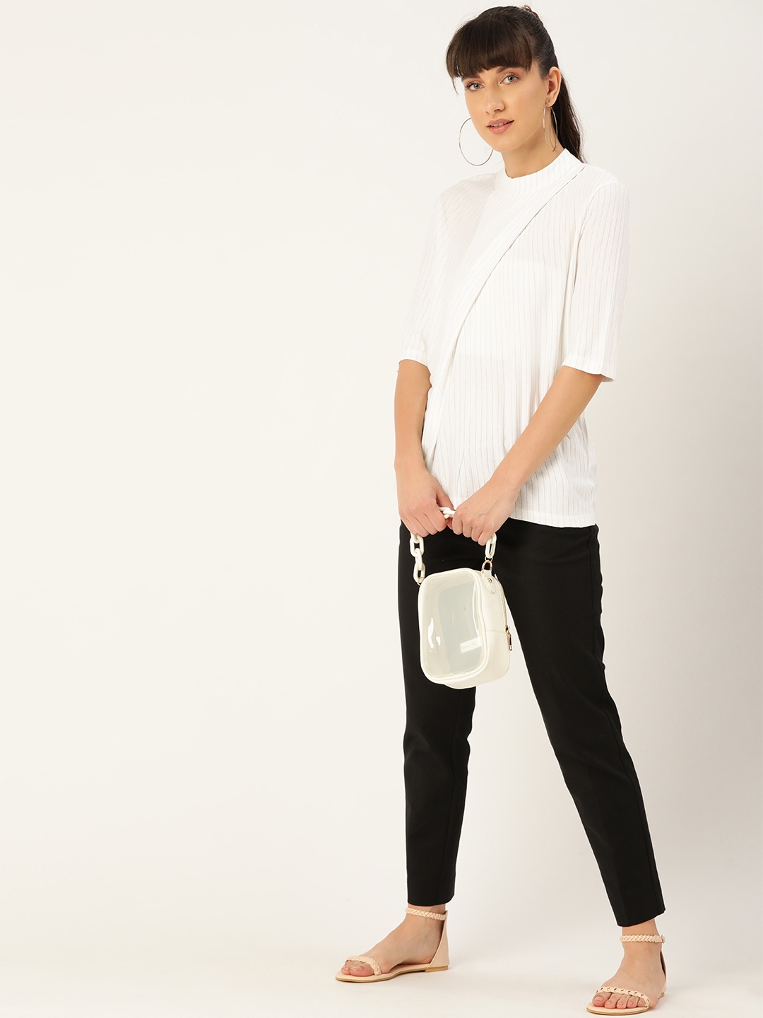 

United Colors of Benetton Women White & Silver Self-Striped Layered Top