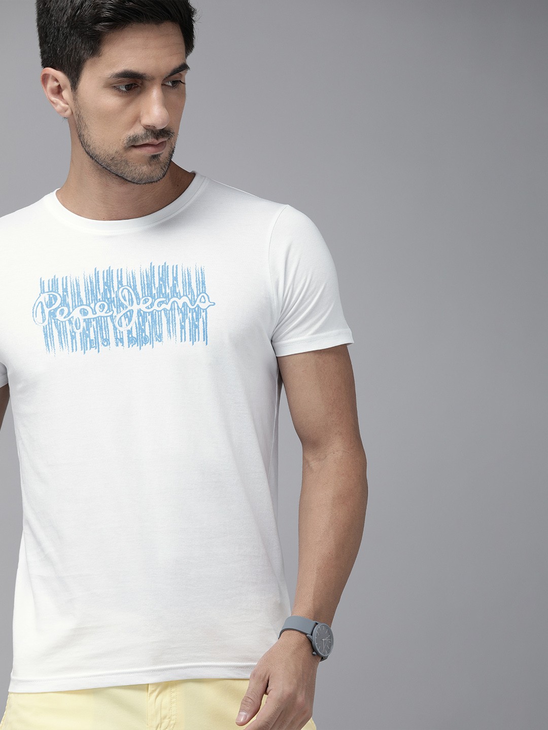 

Pepe Jeans Men White Blue Pure Cotton Brand Logo Print Round Neck Pure Cotton T-shirt