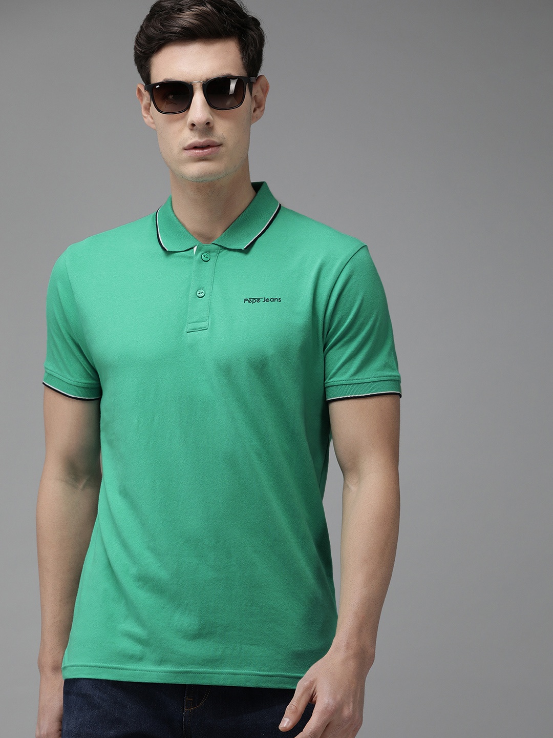 

Pepe Jeans Men Sea Green Solid Polo Collar T-shirt