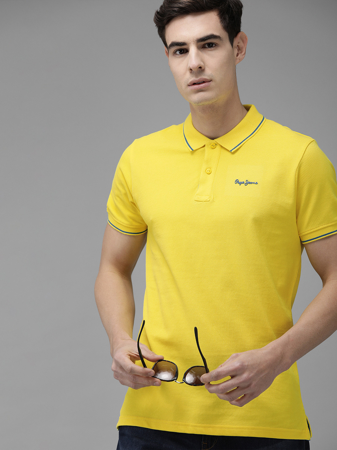 

Pepe Jeans Men Yellow Solid Polo Collar Pure Cotton T-shirt