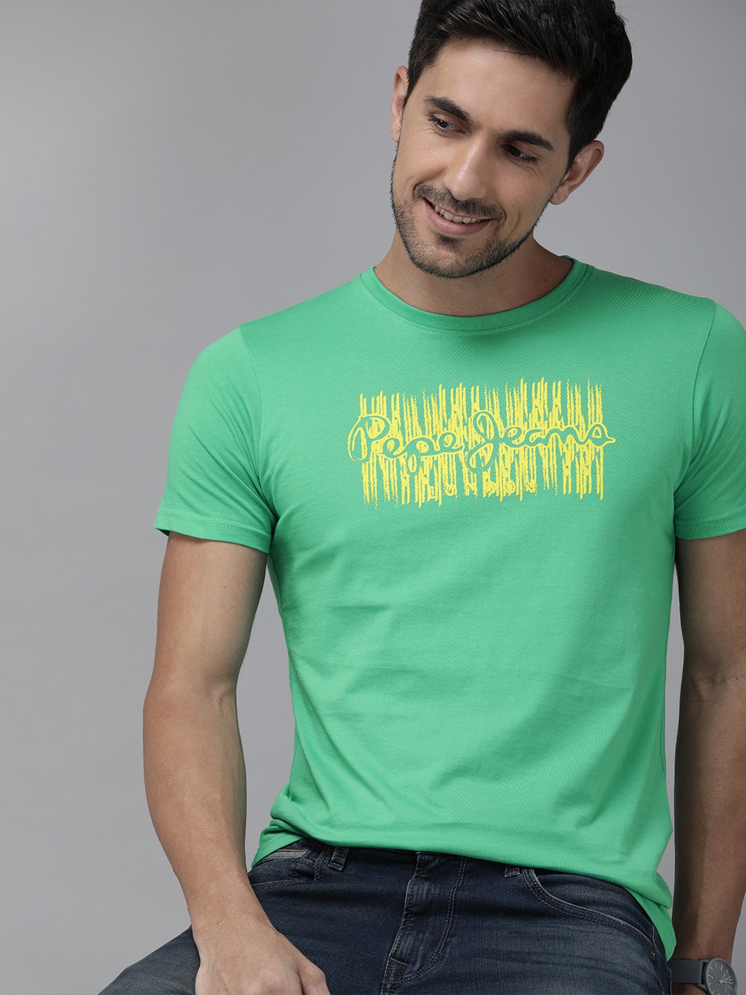 

Pepe Jeans Men Sea Green Yellow Pure Cotton Brand Logo Print Round Neck Pure Cotton T-shirt