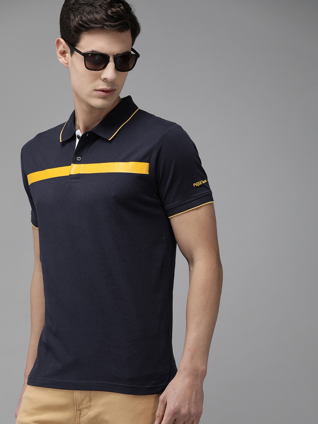 

Pepe Jeans Men Navy Blue & Yellow Striped Polo Collar T-shirt