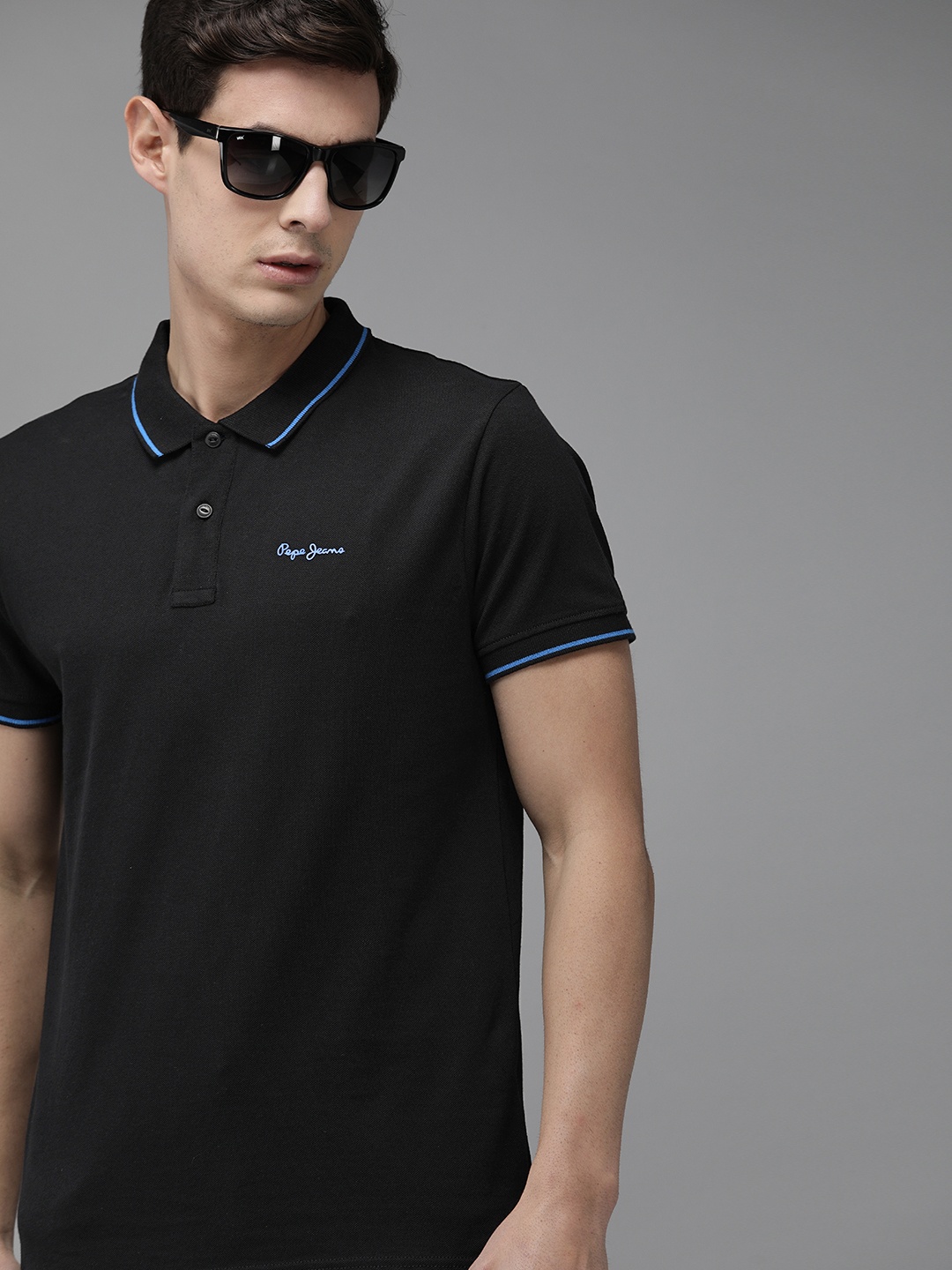 

Pepe Jeans Men Black Solid Polo Collar Pure Cotton T-shirt