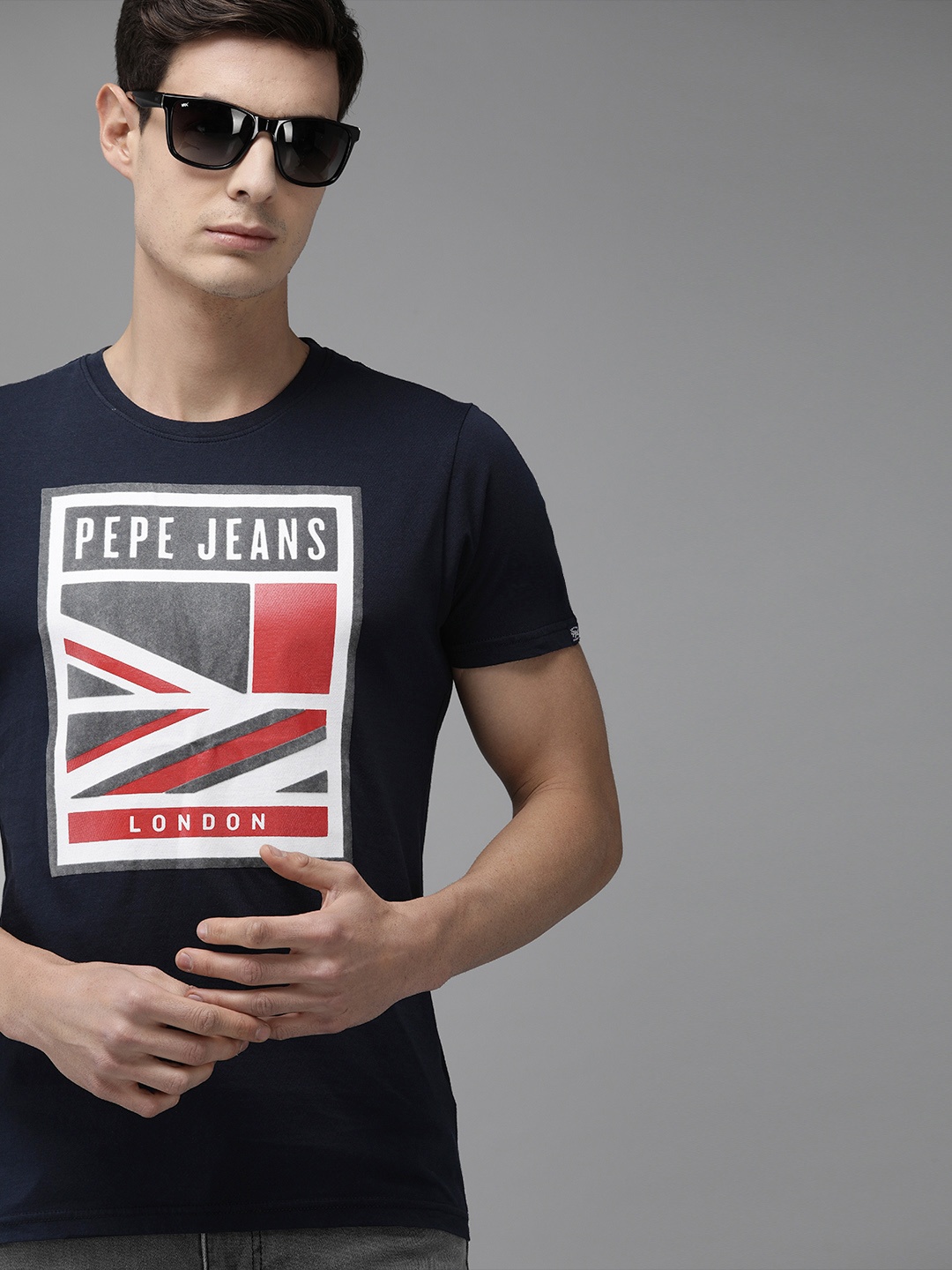 

Pepe Jeans Men Navy Pure Cotton Printed Round Neck Pure Cotton T-shirt, Navy blue