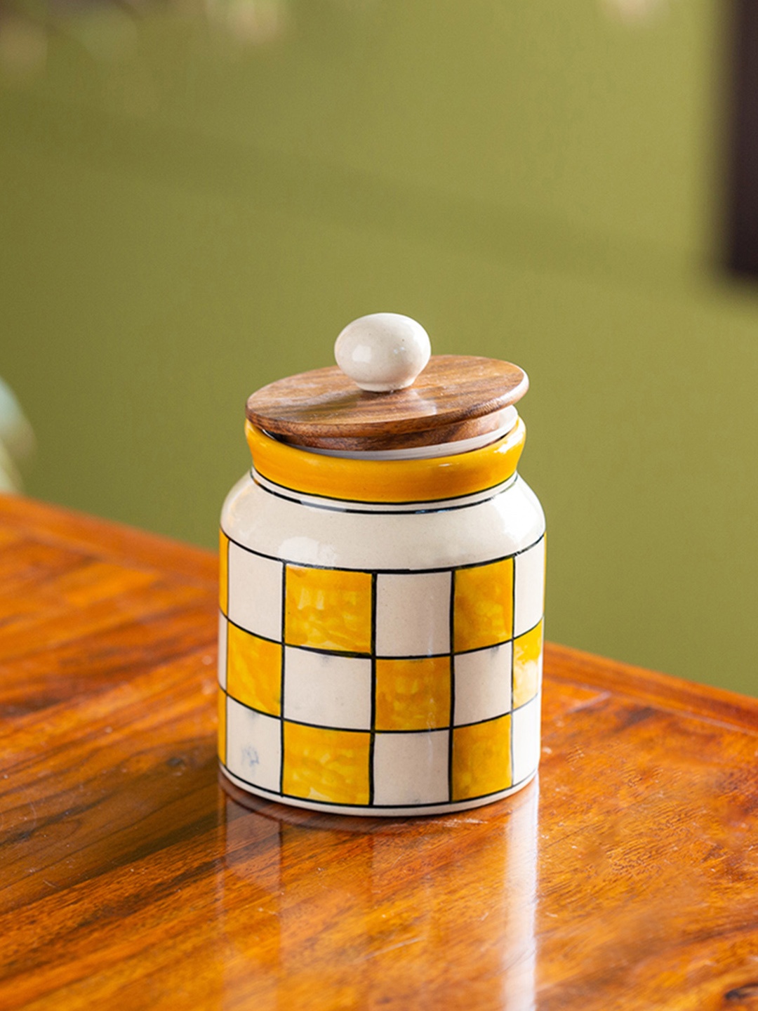 

ExclusiveLane Yellow & White Hand-Painted Ceramic Kitchen Storage Jar
