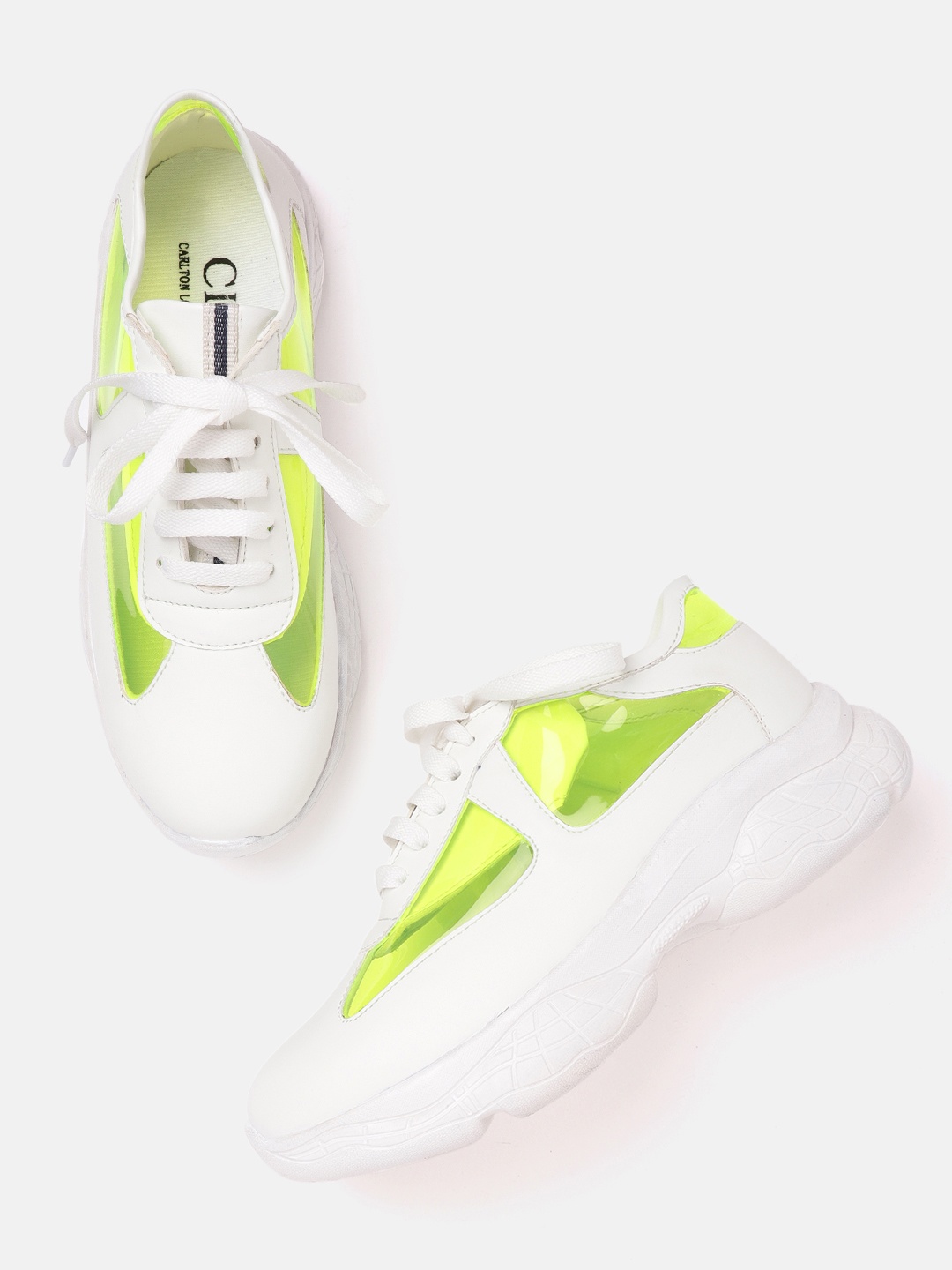 

Carlton London Sports Women White & Fluorescent Green Colourblocked Chunky Sneakers