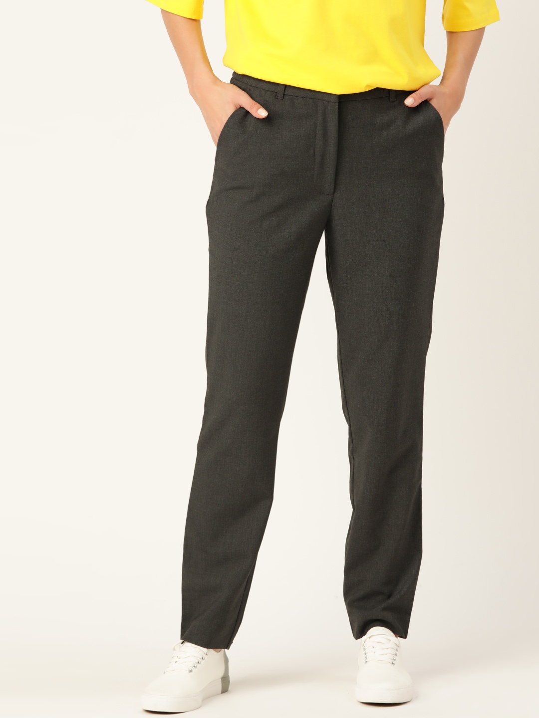 

United Colors of Benetton Women Charcoal Grey Solid Cigarette Trousers