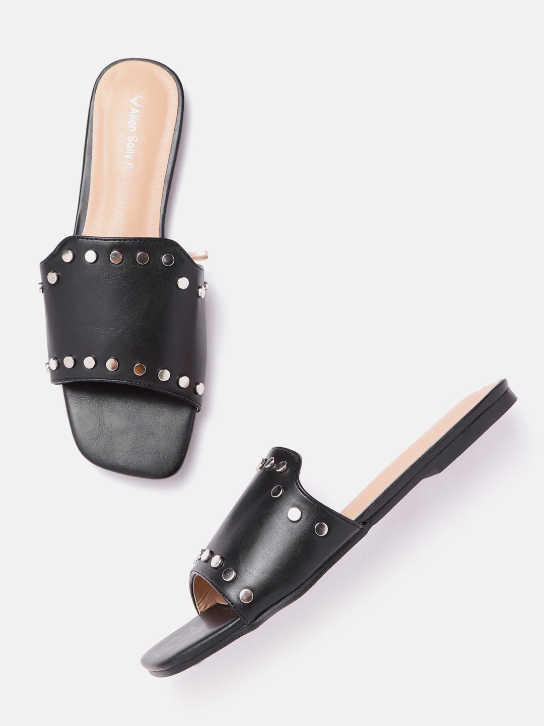 

Allen Solly Women Black Solid Open Toe Flats with Studded Detail