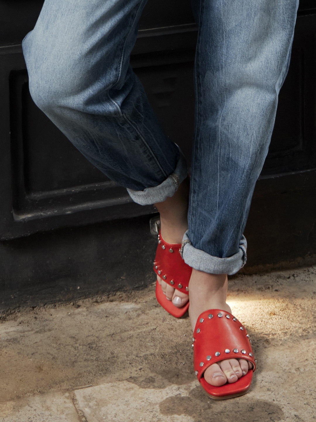 

Allen Solly Women Red Solid Open Toe Flats with Studded Detail