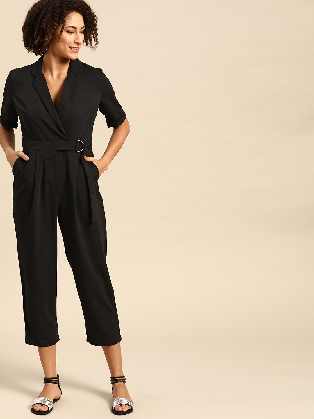 

United Colors of Benetton Women Black Solid Cropped Basic Jumpsuit