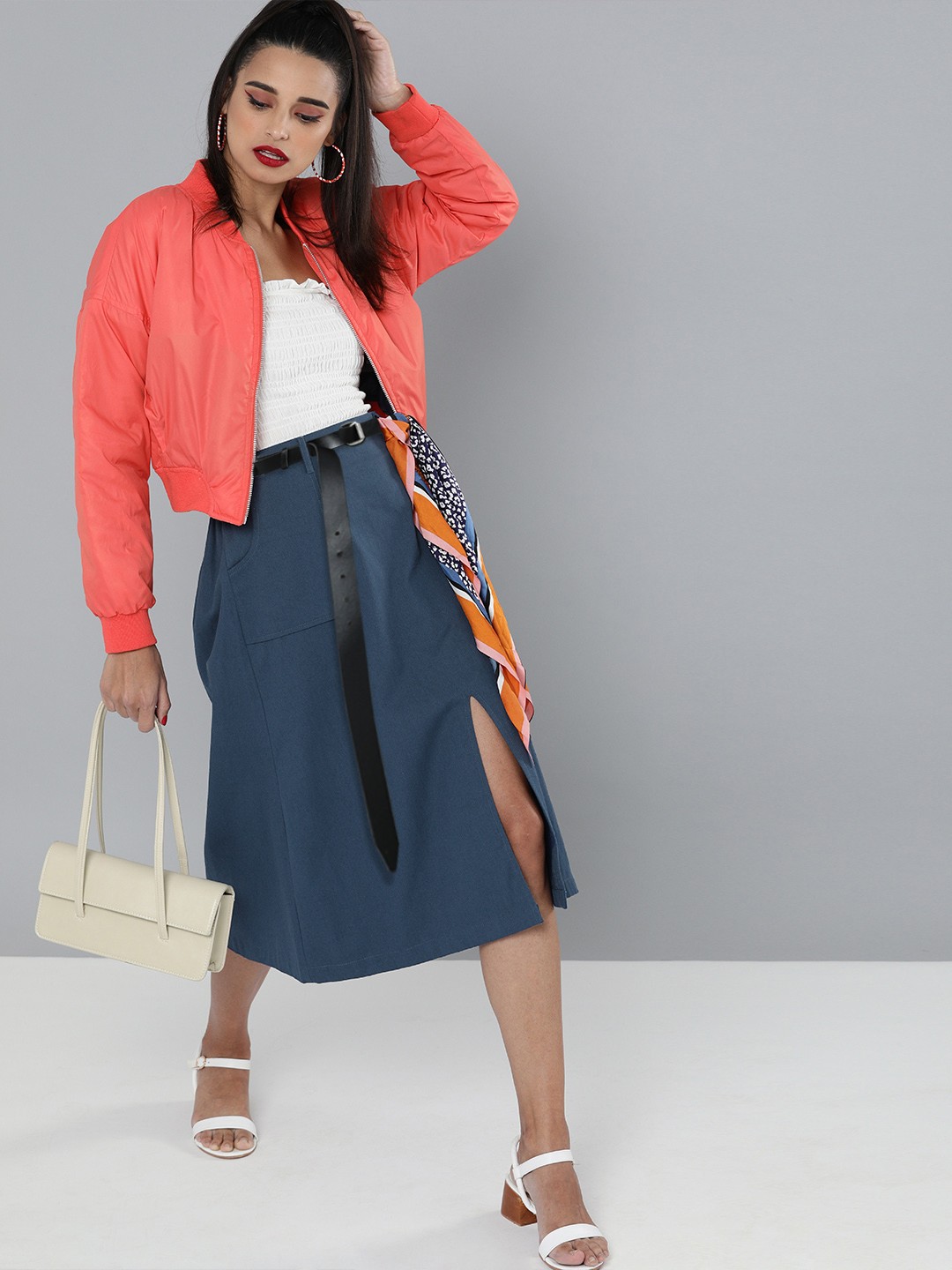 

SASSAFRAS Women Navy Blue Solid Pure Cotton Midi A-Line Skirt with front Slit Detail