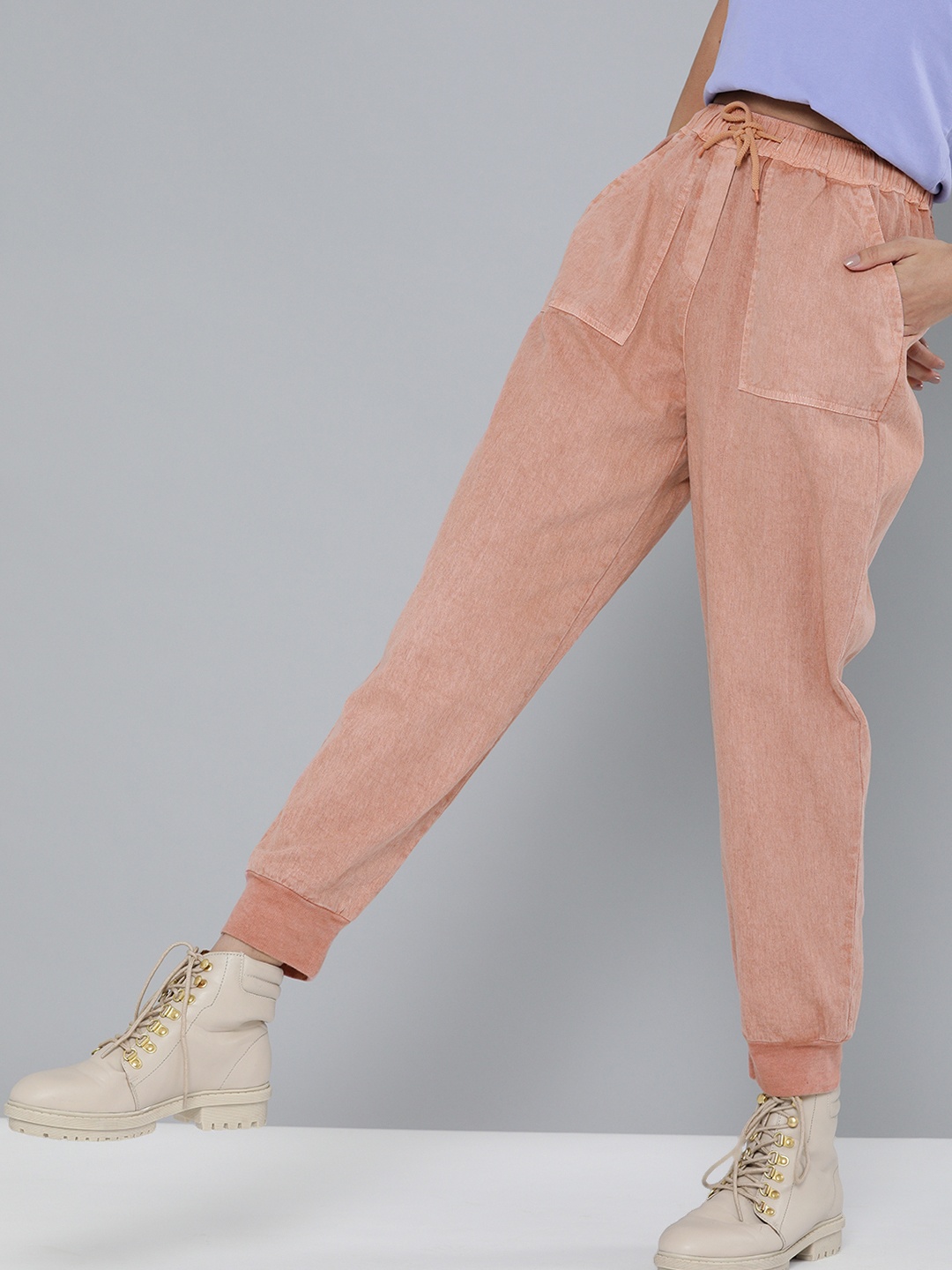 

SASSAFRAS Women Peach-Coloured Cotton Regular Fit Solid Joggers