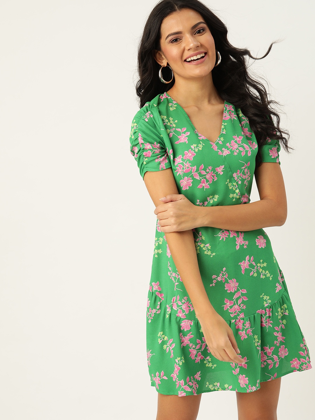 

DressBerry Women Green & Pink Floral Printed A-Line Dress
