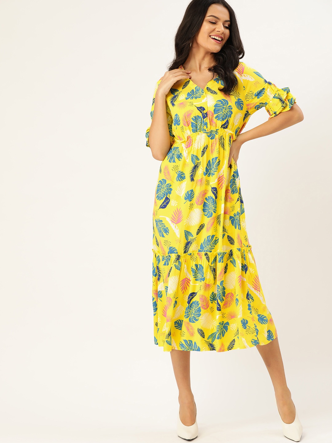 

DressBerry EcoVera Yellow & Blue Tropical A-Line Midi Sustainable Dress