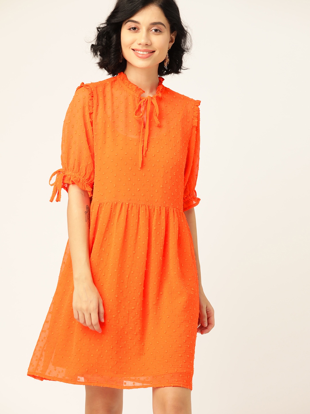 

DressBerry Women Orange Self Design Dobby Weave A-Line Dress