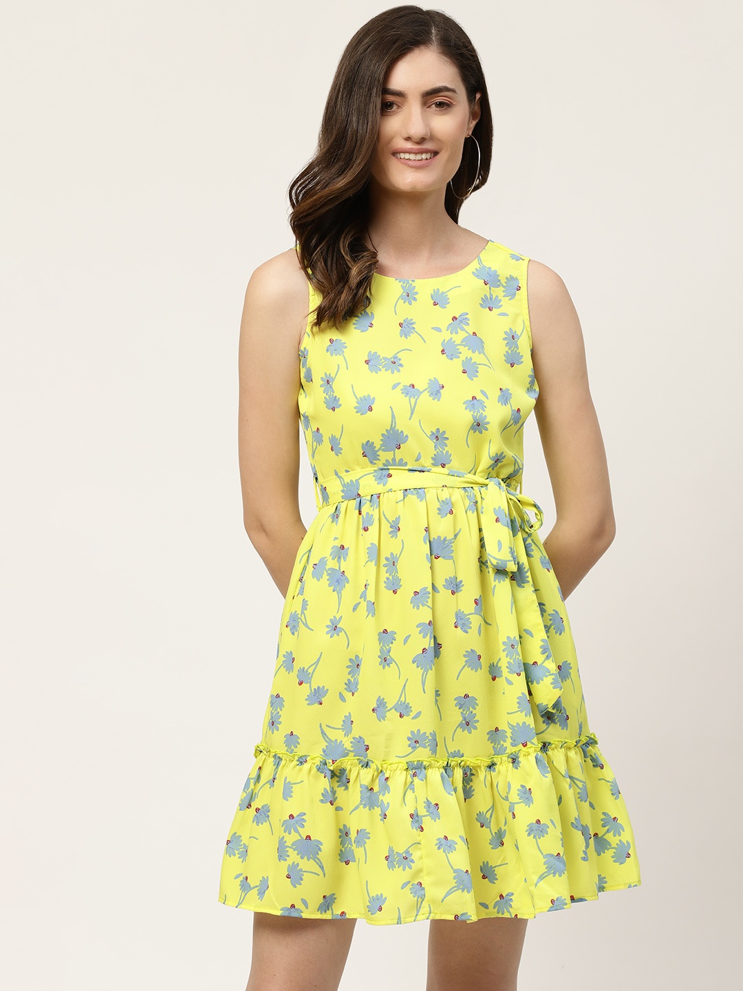 

DressBerry Women Yellow & Blue Floral Print A-Line Dress with Belt