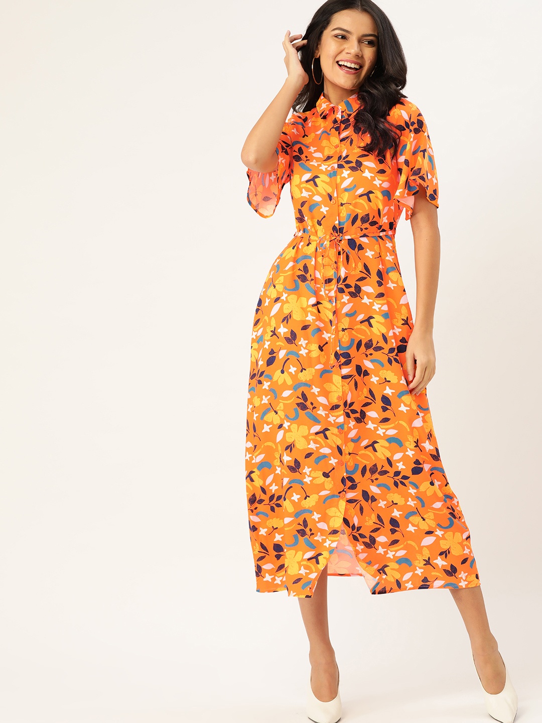 

DressBerry Orange & Blue Floral A-Line Sustainable Midi Dress with Belt