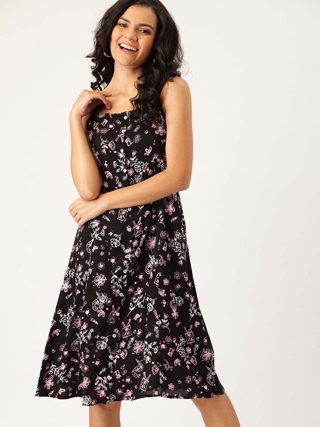 

DressBerry EcoVero Black & White Floral Print Sustainable A-Line Dress