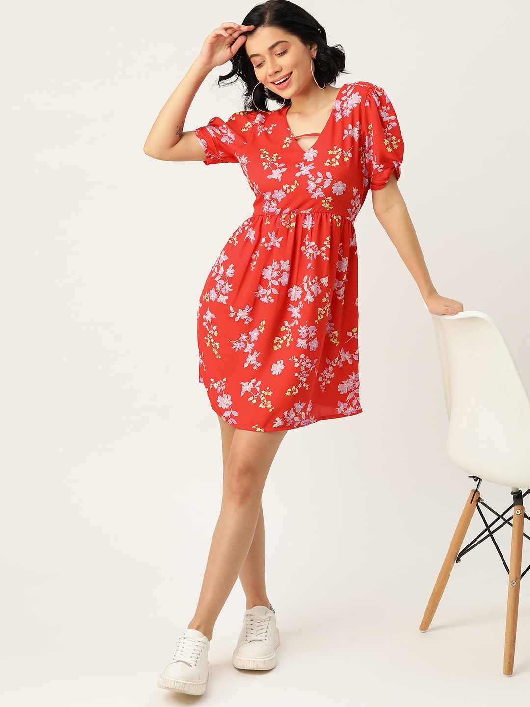 

DressBerry Women Red & Purple Printed A-Line Dress