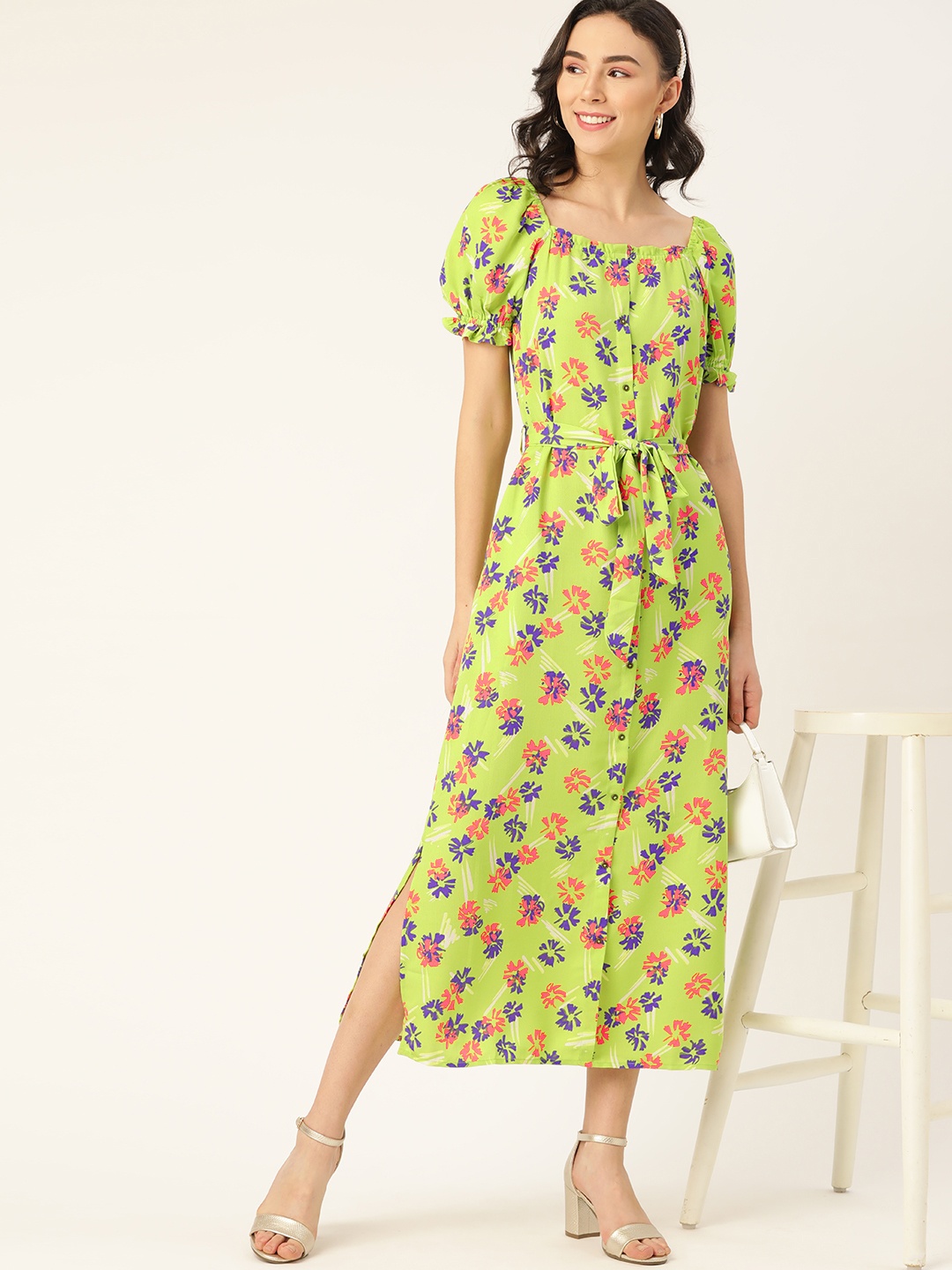 

DressBerry Women Fluorescent Green & Purple Printed A-Line Dress