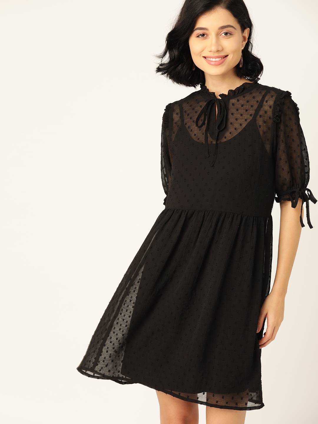 

DressBerry Women Black Dobby Weave Self Design A-Line Dress