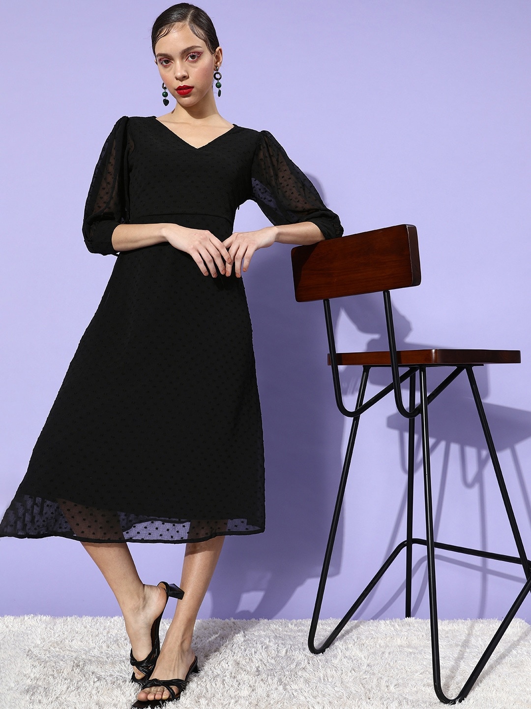 

DressBerry Women Stylish Black Self-Design Dobby Weave Dress