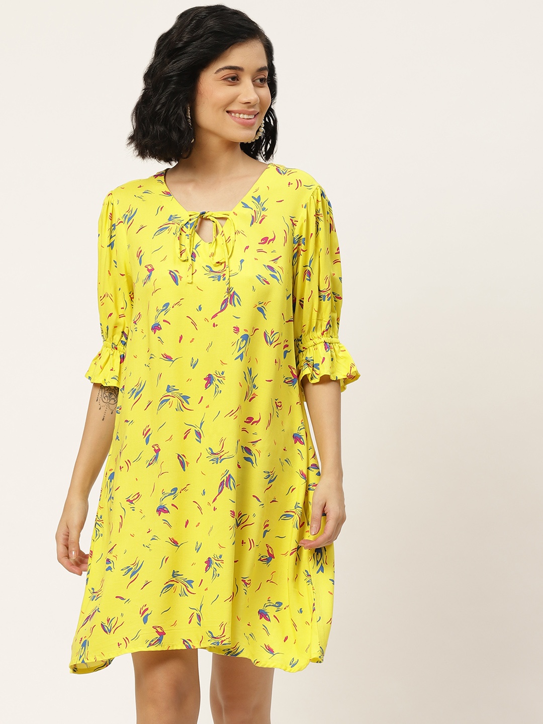 

DressBerry Women Yellow & Blue EcoVero Floral Print Sustainable A-Line Dress